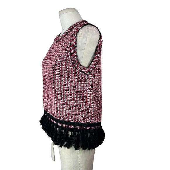Zara Red‎ Tweed Black Fringe Sleeveless Shell Top Size Small - Picture 6 of 10